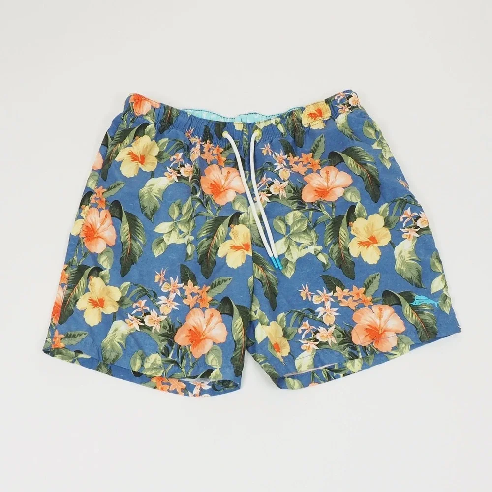Tommy Bahama Swim Trunks Shorts Mens Medium Blue Floral AOP Swimsuit Beach
